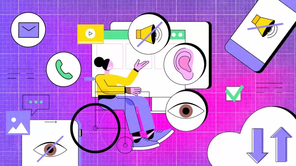 ilustra&ccedil;&atilde;o de pessoa em cadeira de rodas  com recursos de acessibilidade