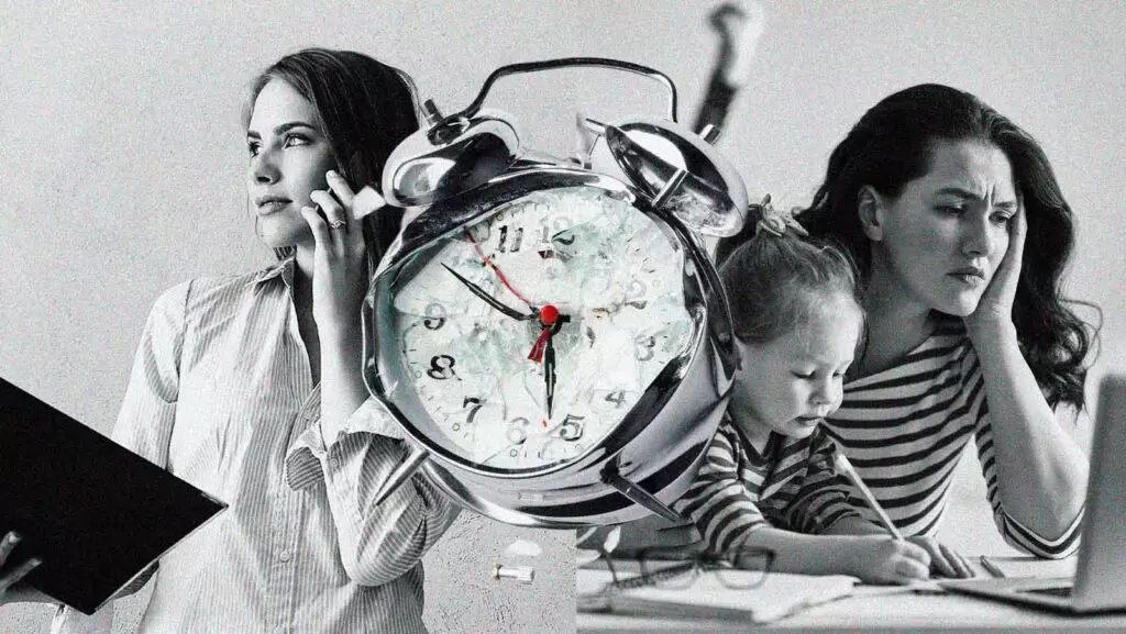 mulher se divide entre trabalho e vida pessoal