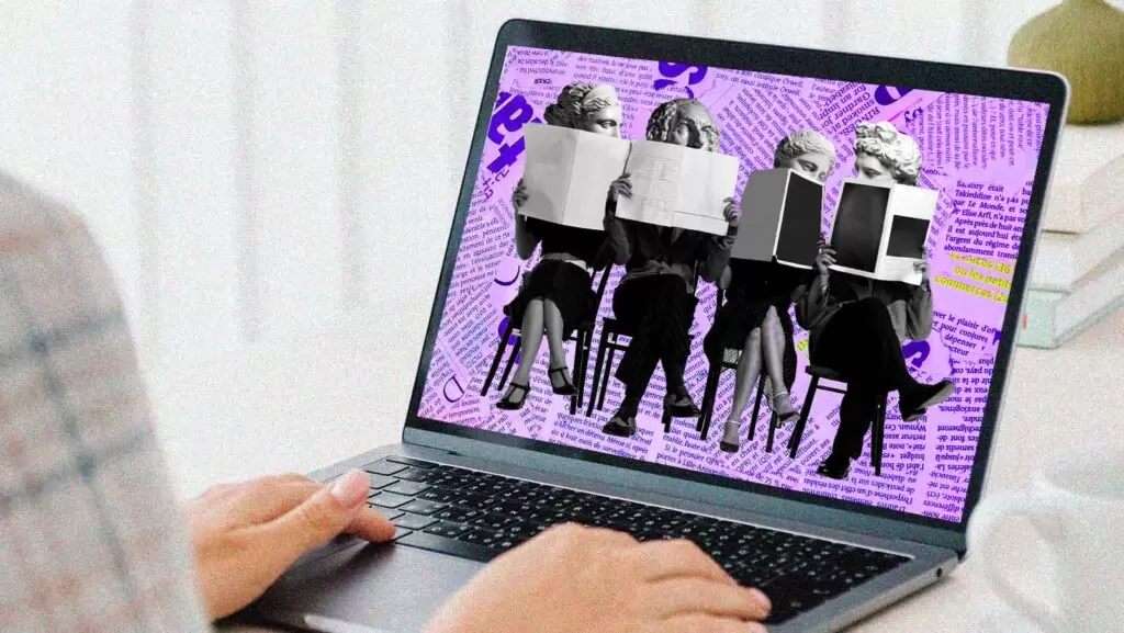 imagem ilustrativa de est&aacute;tuas de fil&oacute;sofos gregos lendo not&iacute;cias em jornais em computadores