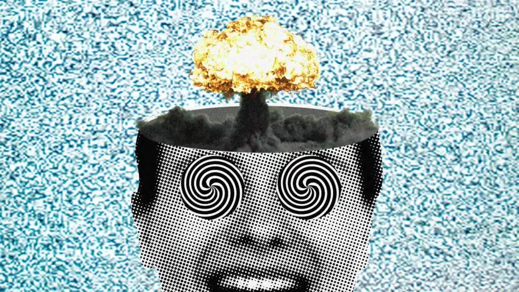 cabe&ccedil;a cortada com um cogumelo no  lugar do c&eacute;rebro