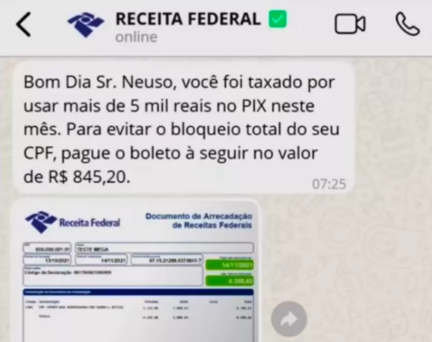 print de tela do golpe envolvendo a falsa taxação do Pix