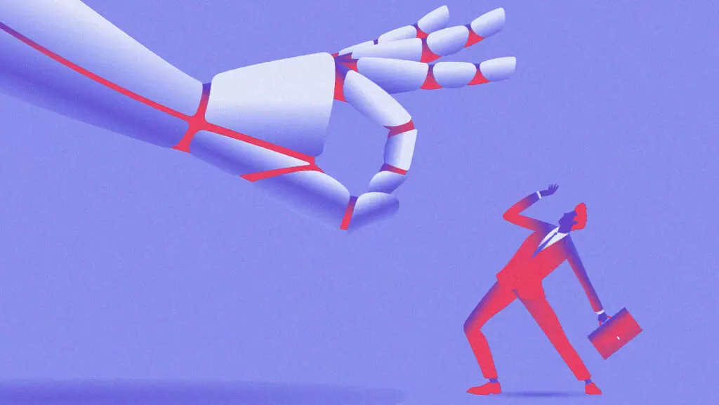 m&atilde;o rob&oacute;tica amea&ccedil;a ser humano em analogia a empregos substitu&iacute;dos por IA