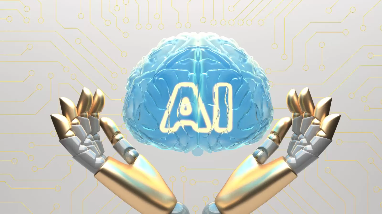 Mãos de robõ segurando cerébro