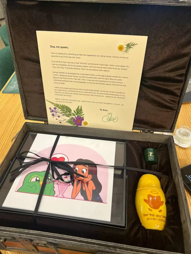 caixa com as cinzas da mascote do Duolingo