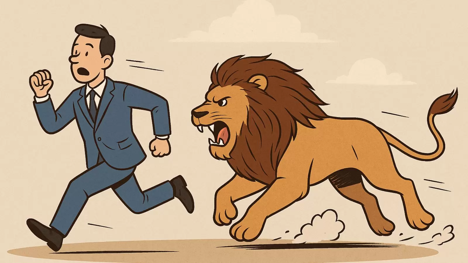 Homem correndo de um leão