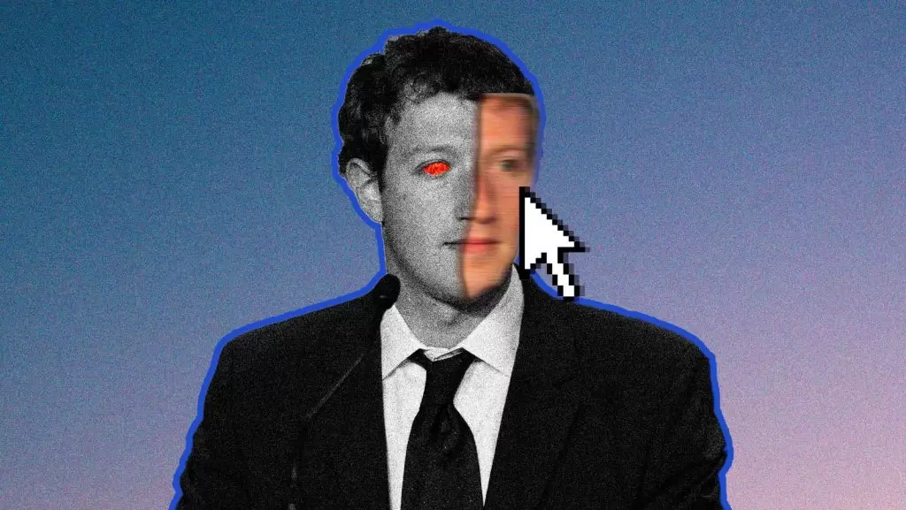 Imagem de Mark Zuckerberg de palet&oacute; e gravata, com metade do rosto em preto e branco