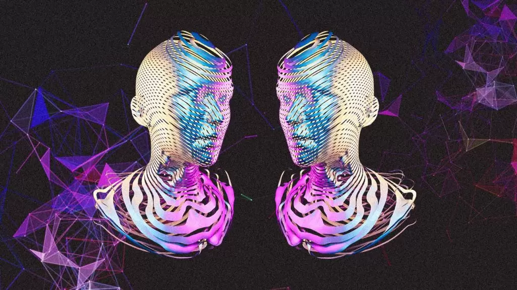 Duas silhuetas humanoides lado a lado em um fundo preto