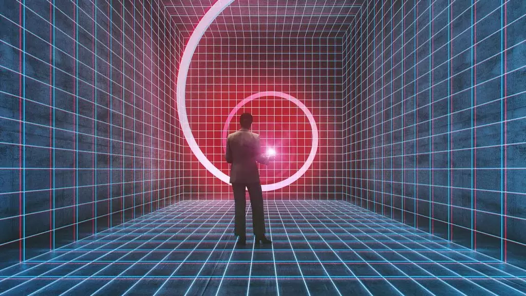 homem de costas olha para espiral de luz vermelha