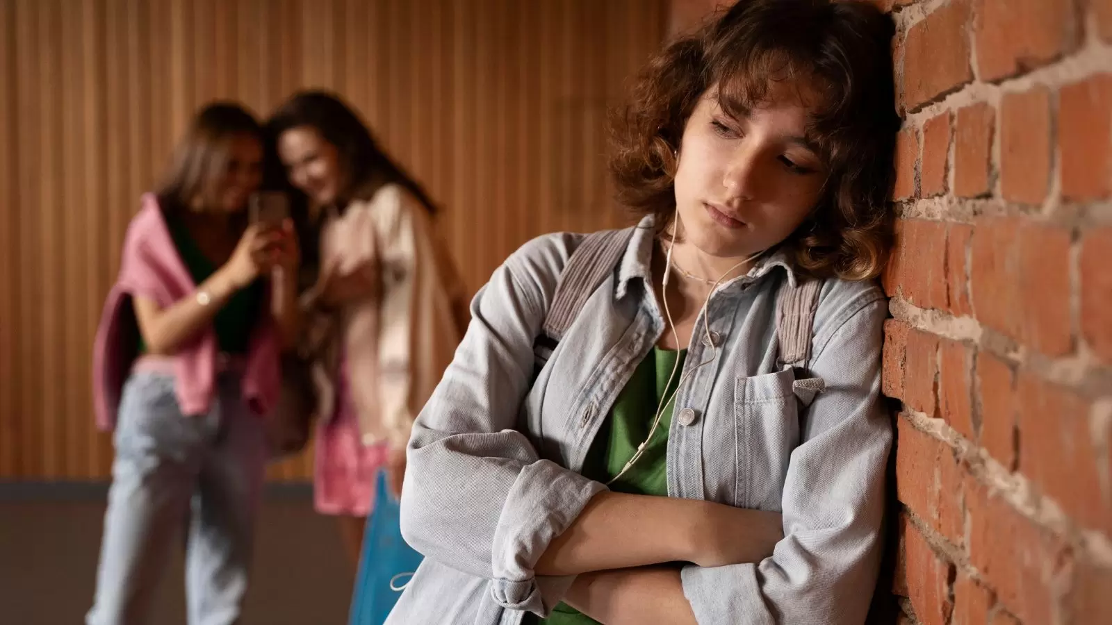 Garota triste vista frontal com outras garotas ao fundo