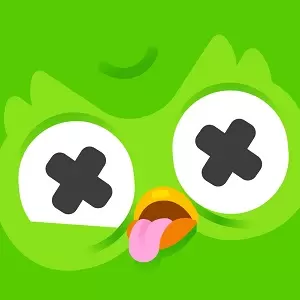 corujinha verde mascote do Duolingo com olhos em  formato de X
