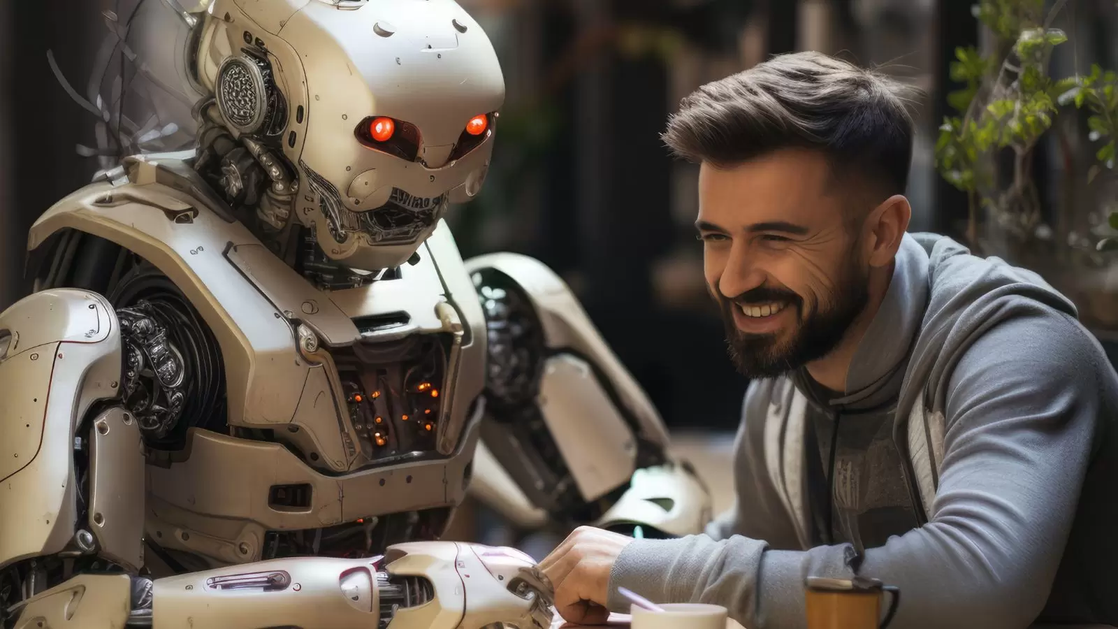 Homem e robô conversando