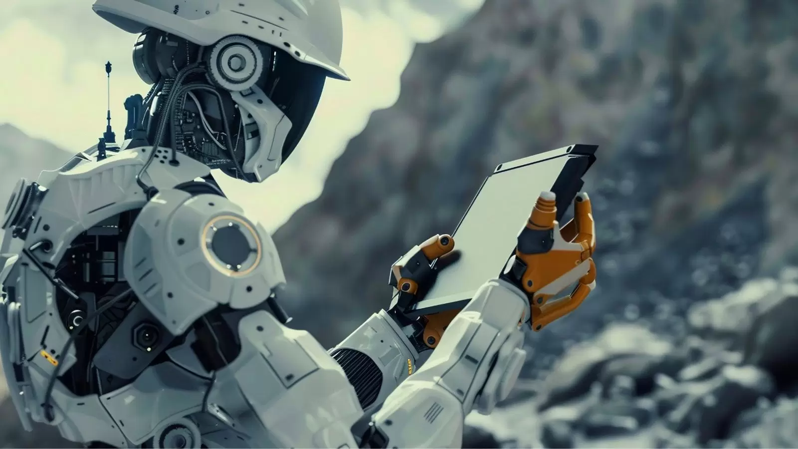 Cena com robô futurista explorando outro planeta