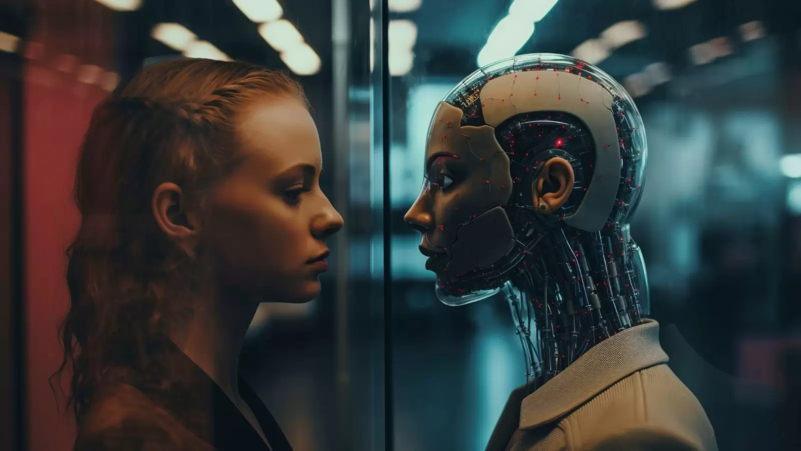 Retrato de humano e robô se olhando