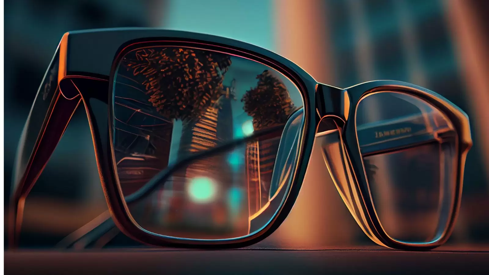 Óculos de sol refletindo paisagem