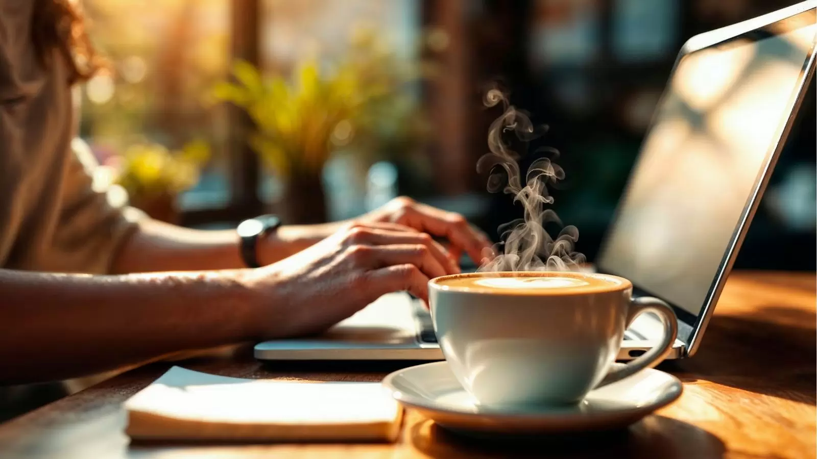 Pessoa trabalhando com xícara de café ao lado