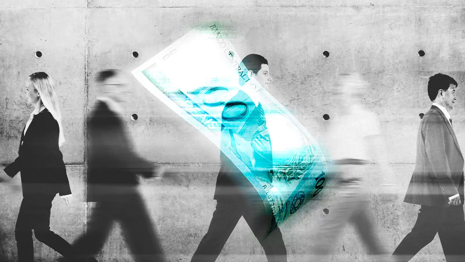 Homem no fundo da imagem e, em primeiro plano, uma nota de R$ 100, em referência à restituição do IR