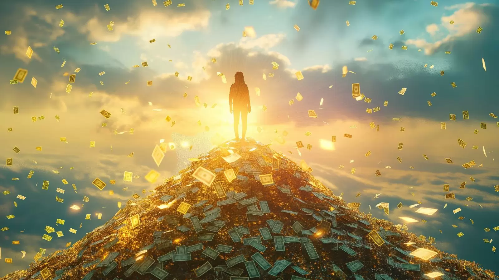 Pessoa rica em cima de pilha de dinheiro