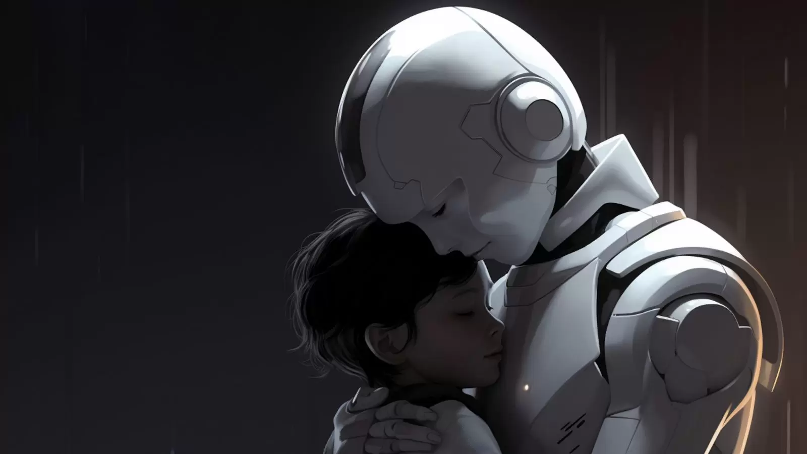 Menino e robô se abraçando