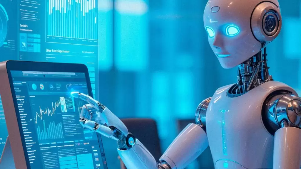 Rob&ocirc; trabalhando em um escrit&oacute;rio de alta tecnologia