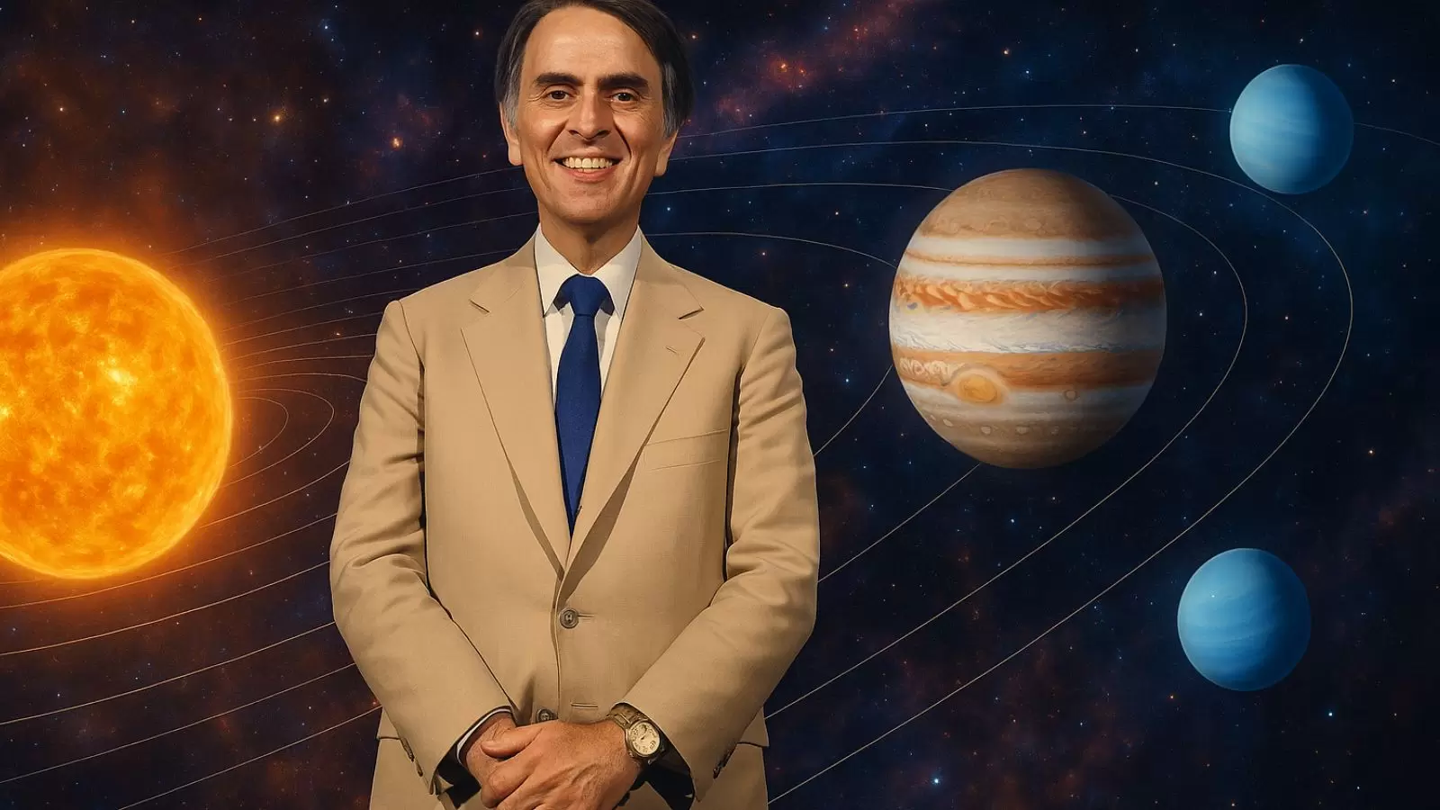 Carl Sang num fundo de sistema solar