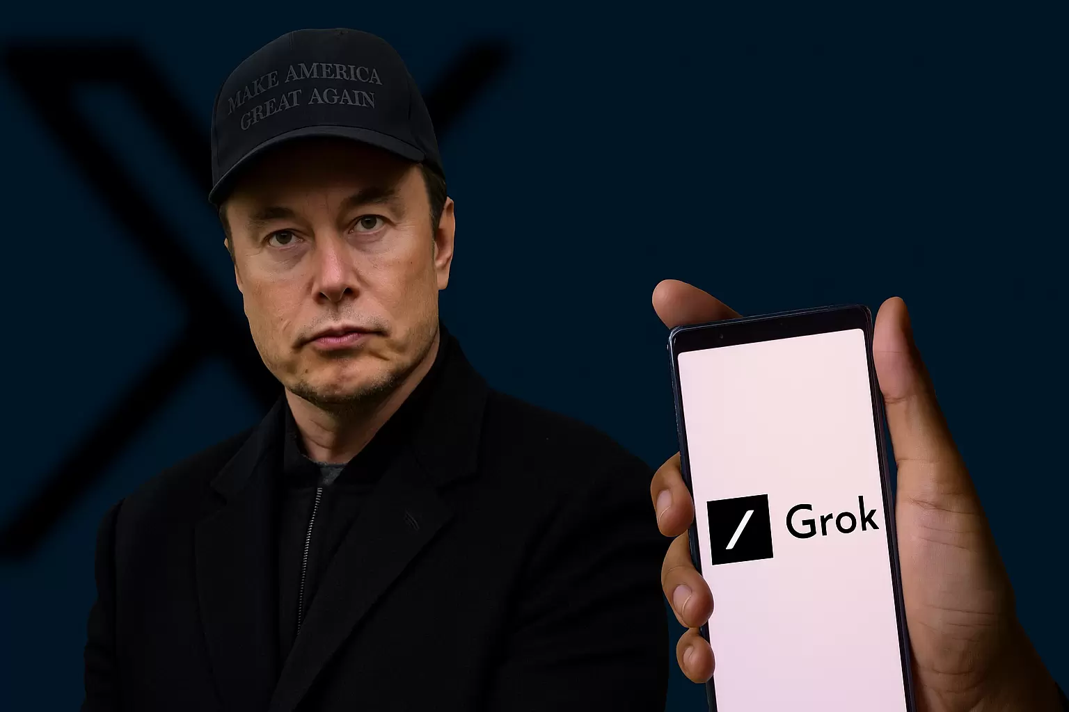 Elon Musk ao fundo com celular aberto na tela do Grok