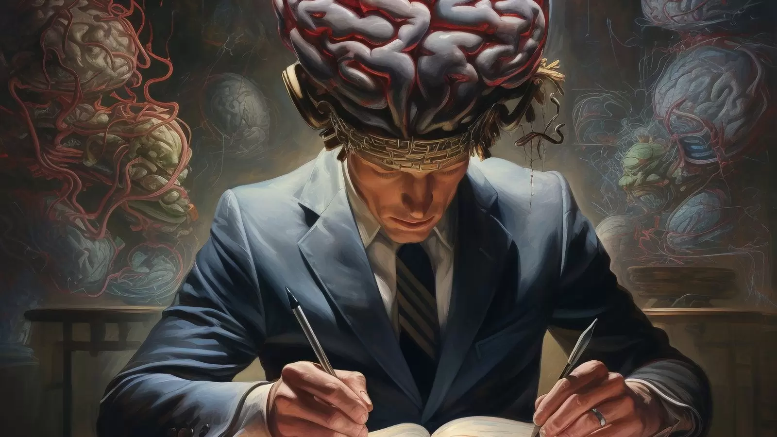 Homem com cérebro para fora fazendo anotações com as duas mãos