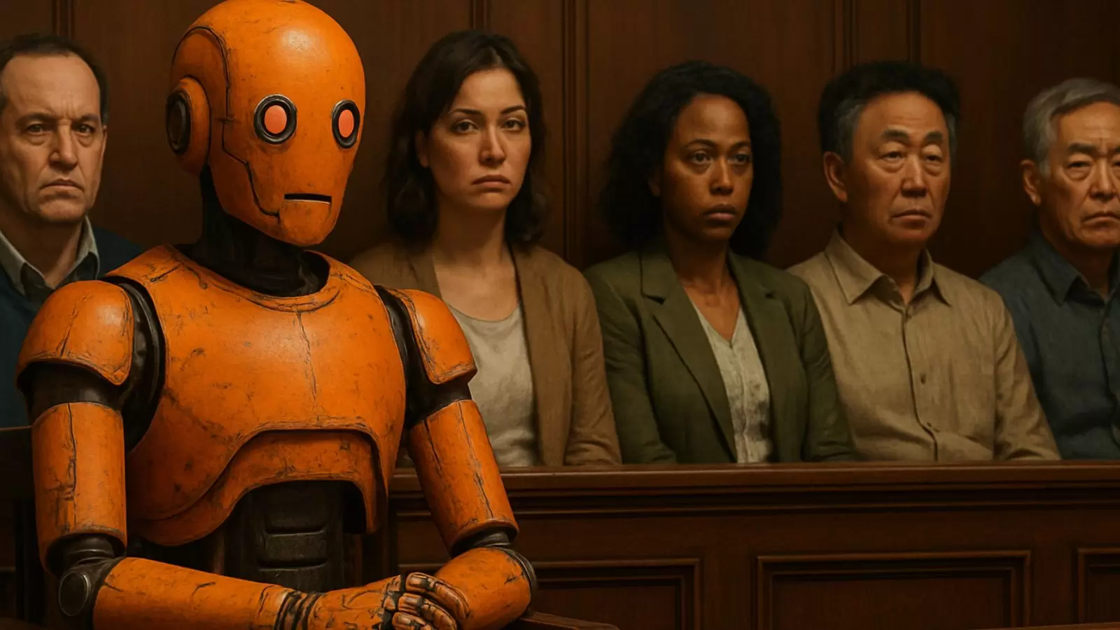 Robô laranja sentado na cadeira de juri, com jurados atrás