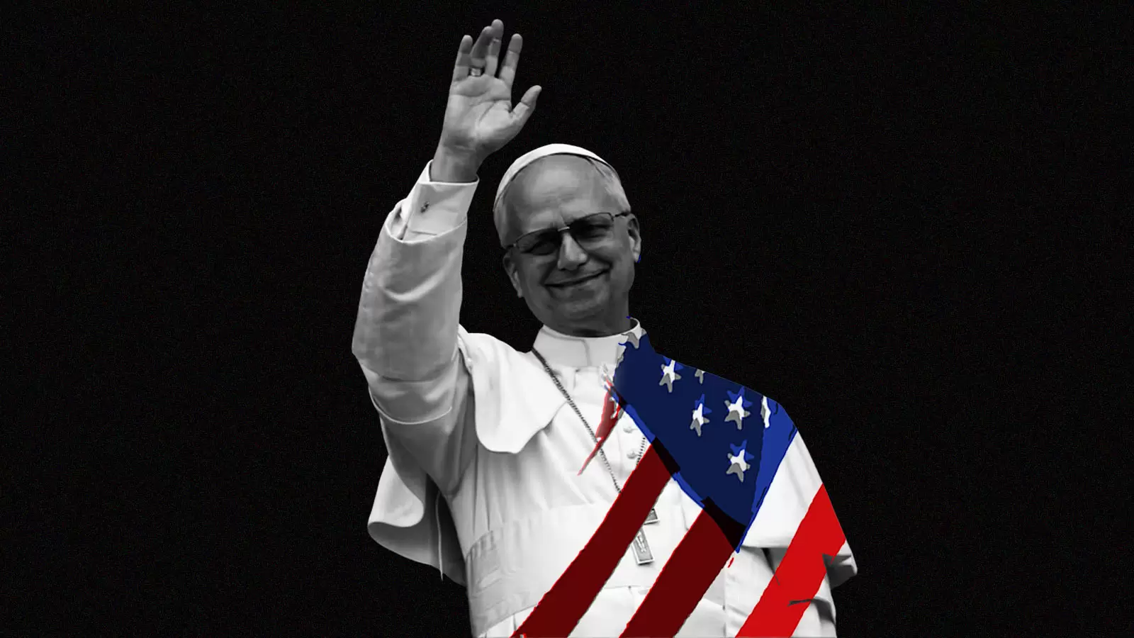 Leão XIV, o primeiro papa americano, em montagem segurando bandeira dos EUA