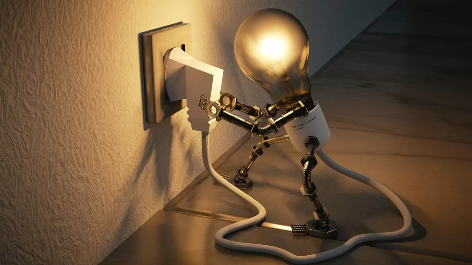 Robô de luz plugando cabo na tomada