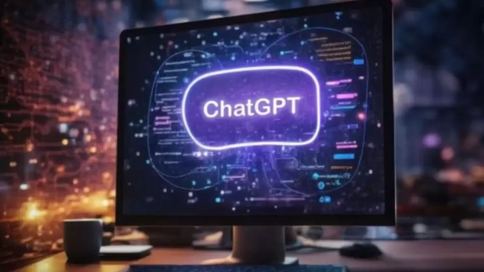 Tela de computador aberta em uma montagem do ChatGPT