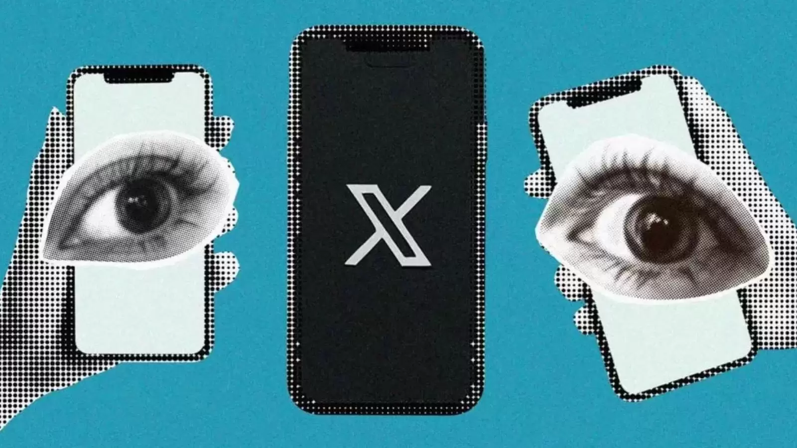 Celular com X aberto e outras mãos segurando celular com fotos de olho encima