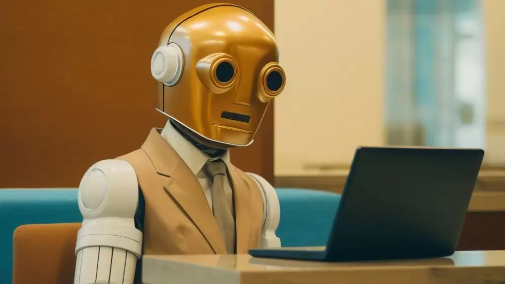 Rob&ocirc; trabalhando com notebook