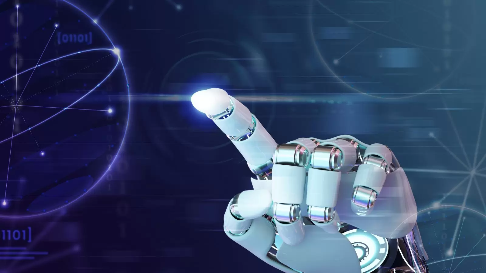 Dedo da mão do robô, gráficos de tecnologia de fundo de IA