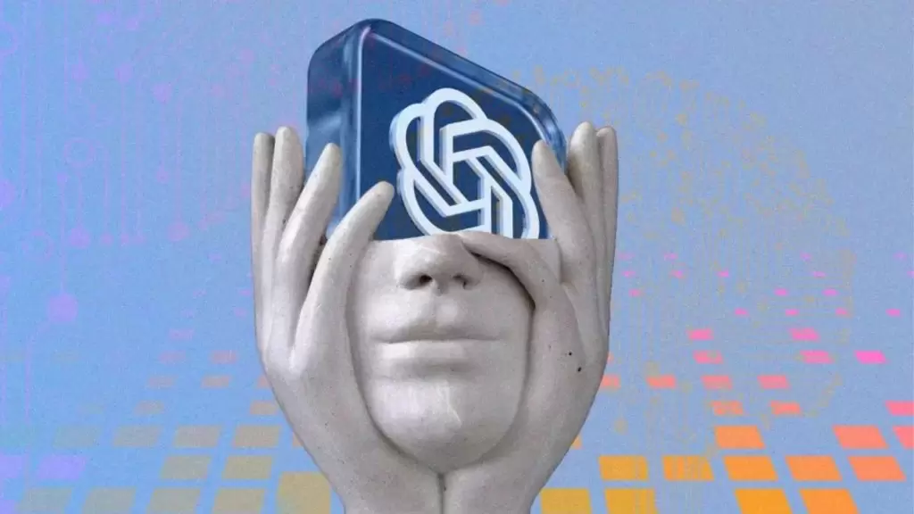 Rosto segurando o s&iacute;mbolo da OpenAI em uma colagem