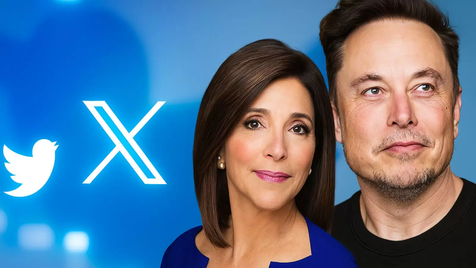 Linda Yaccarino ao lado de Elon Musk com símbolo do Twitter ao fundo