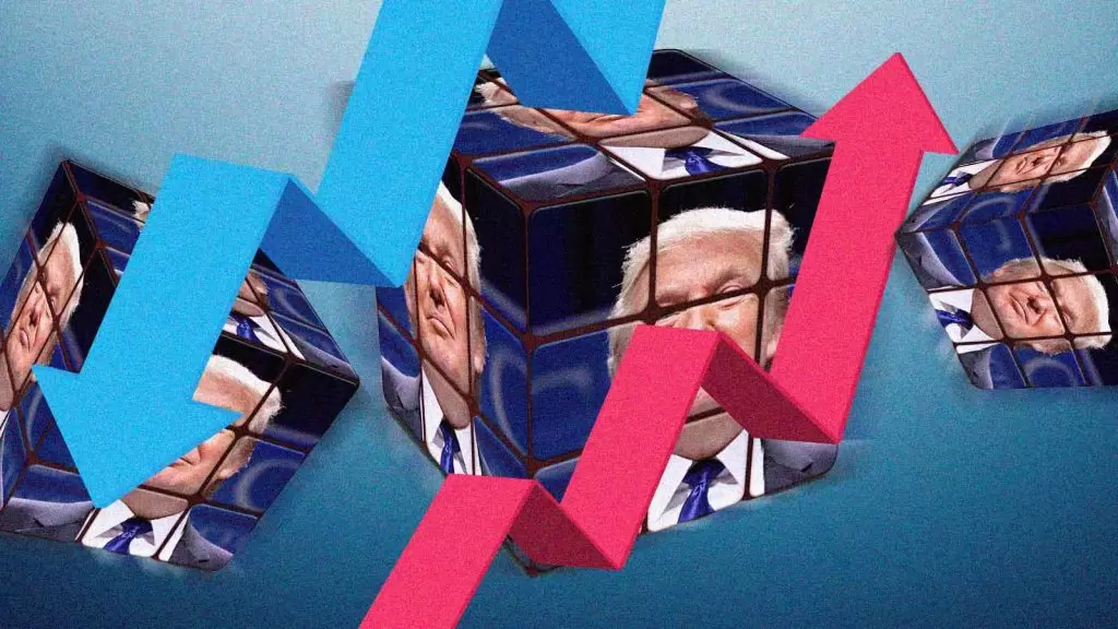 Donald Trump em um cubo, envolto de gr&aacute;ficos