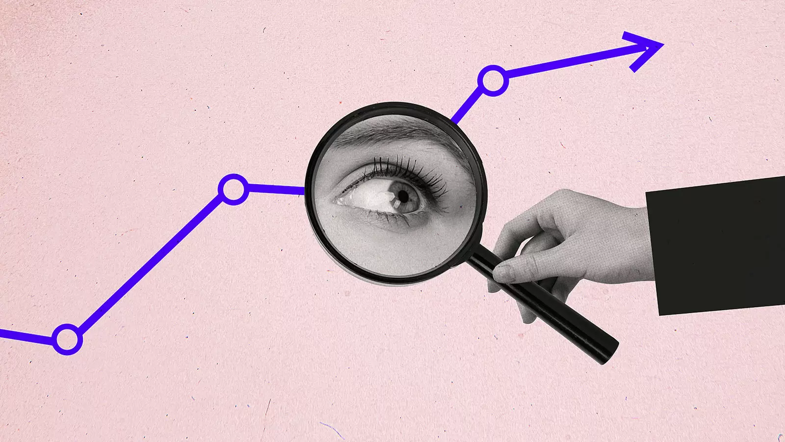 em fundo rosa, mão segura lupa que reflete a imagem de um olho