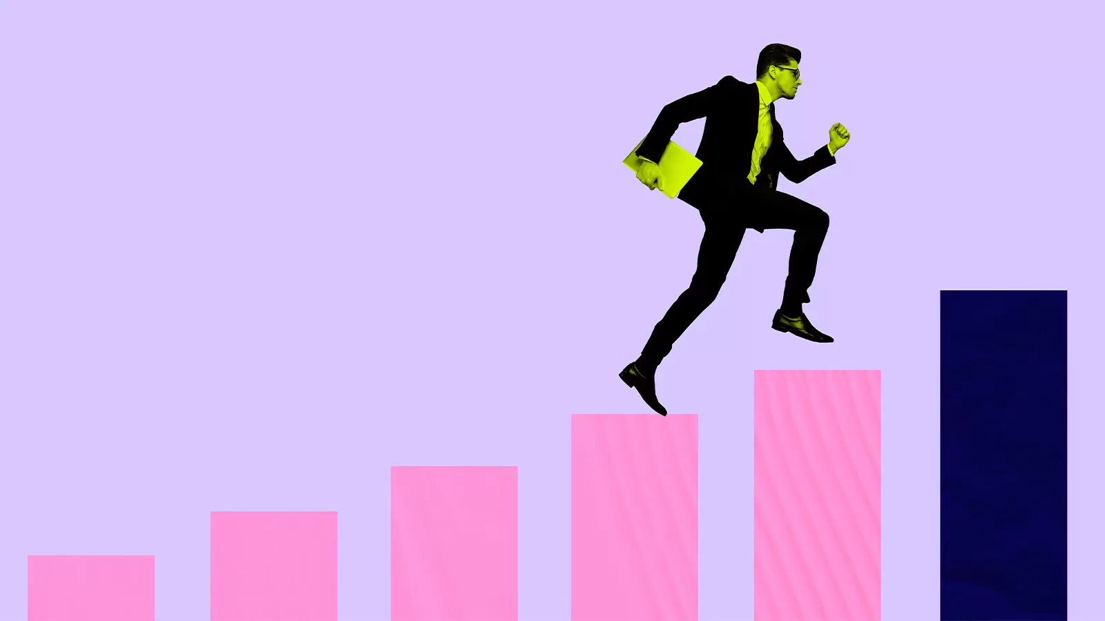 homem escala um gráfico de barras, sinalizando subida na carreira
