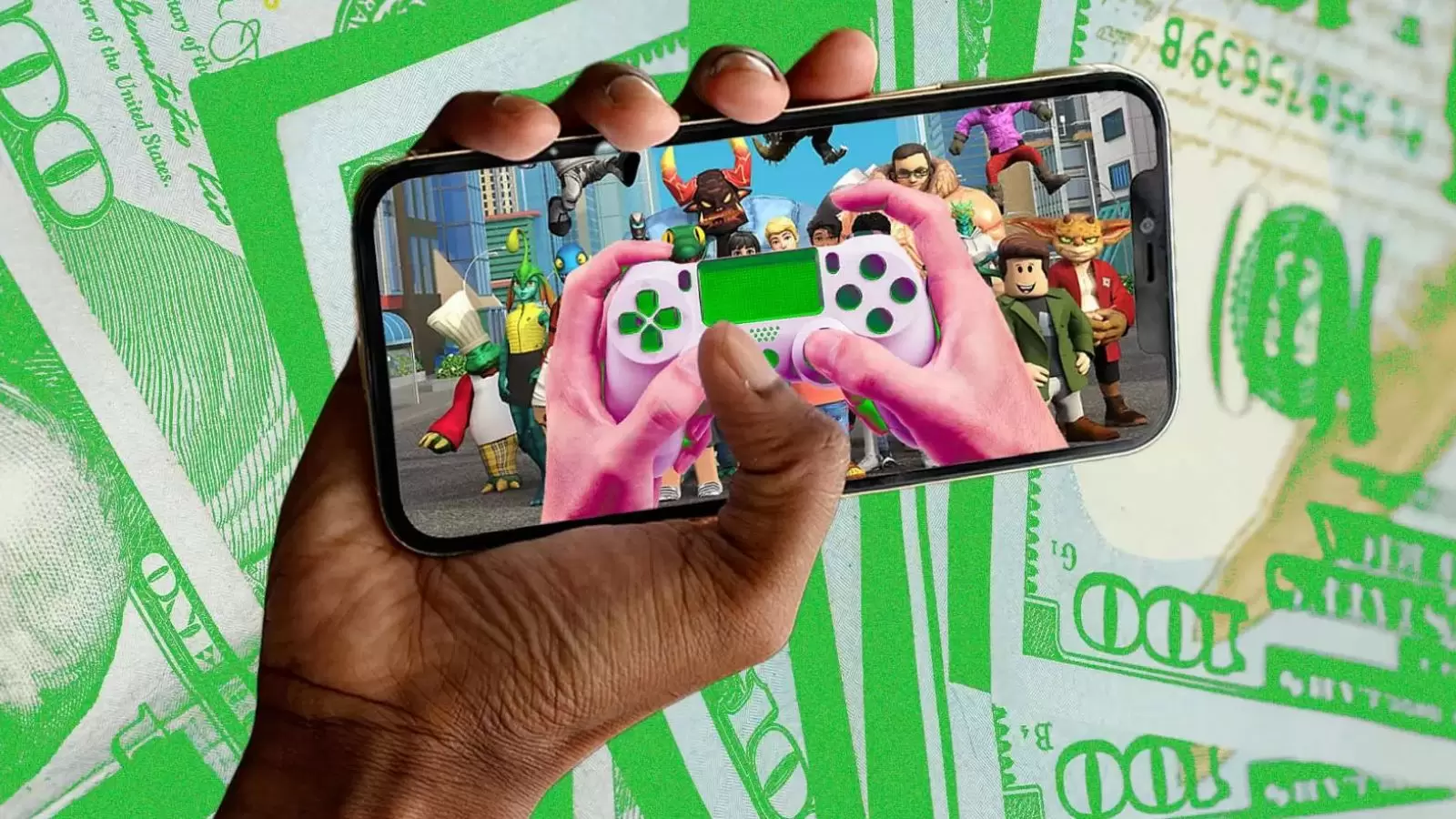 Mão segurando celular aberta no Roblox