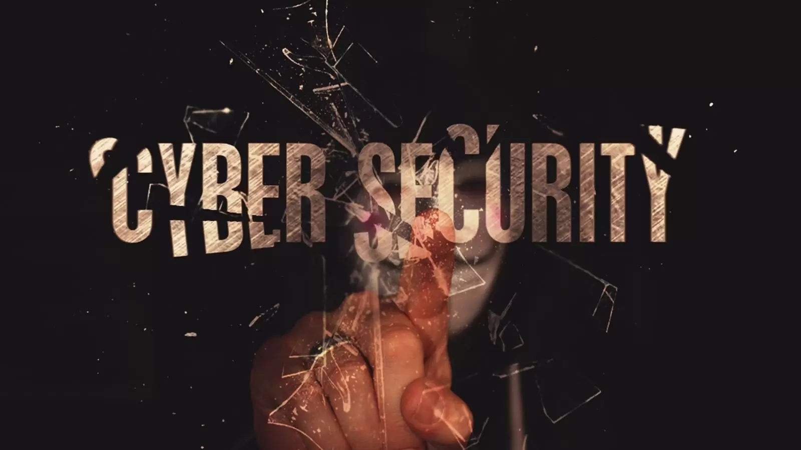 Cyber Segurança com tela quebrada e rosto com máscara atrás