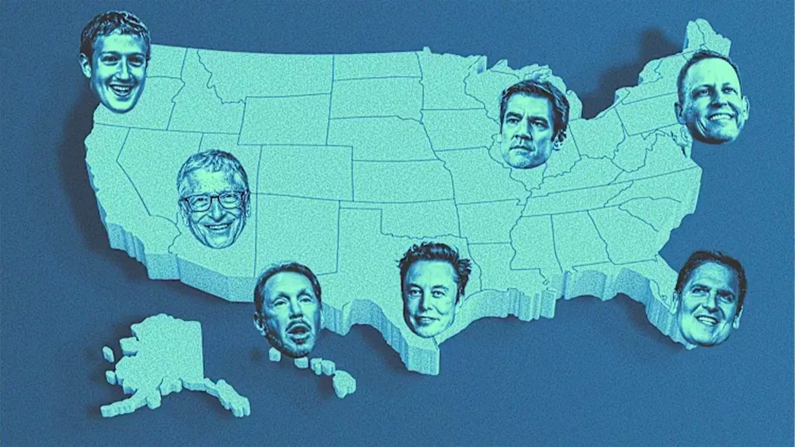 mapa dos Estados Unidos com rostos de bilionários sobrepostos