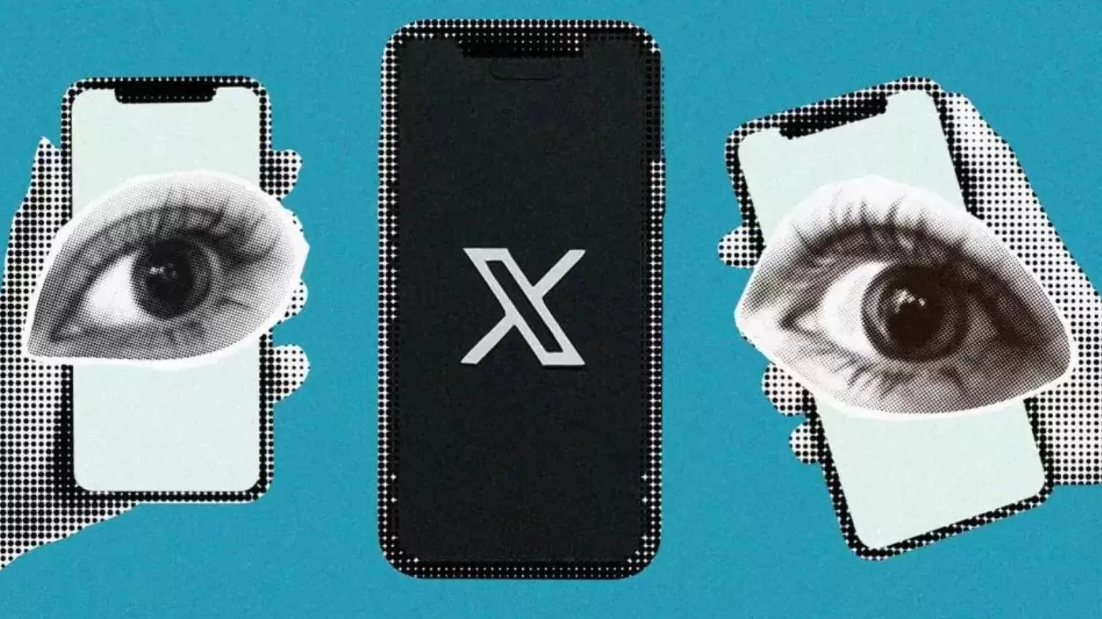 Olhos saindo de celular e X em evidência em celular do meio