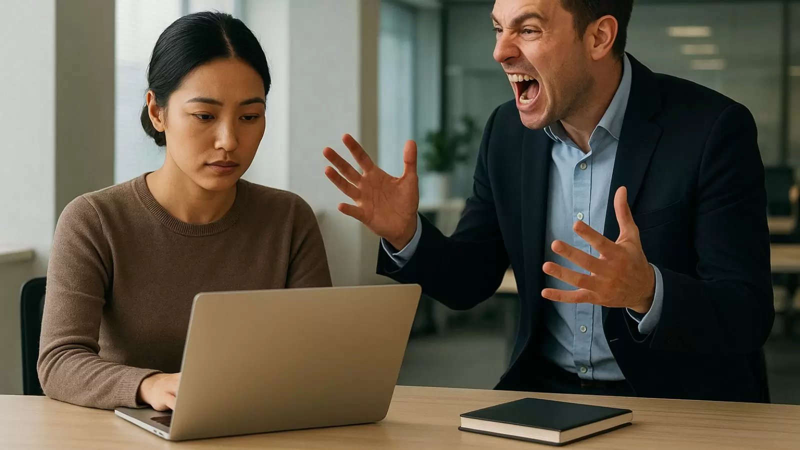 Mulher trabalhando enquanto homem grita com ela
