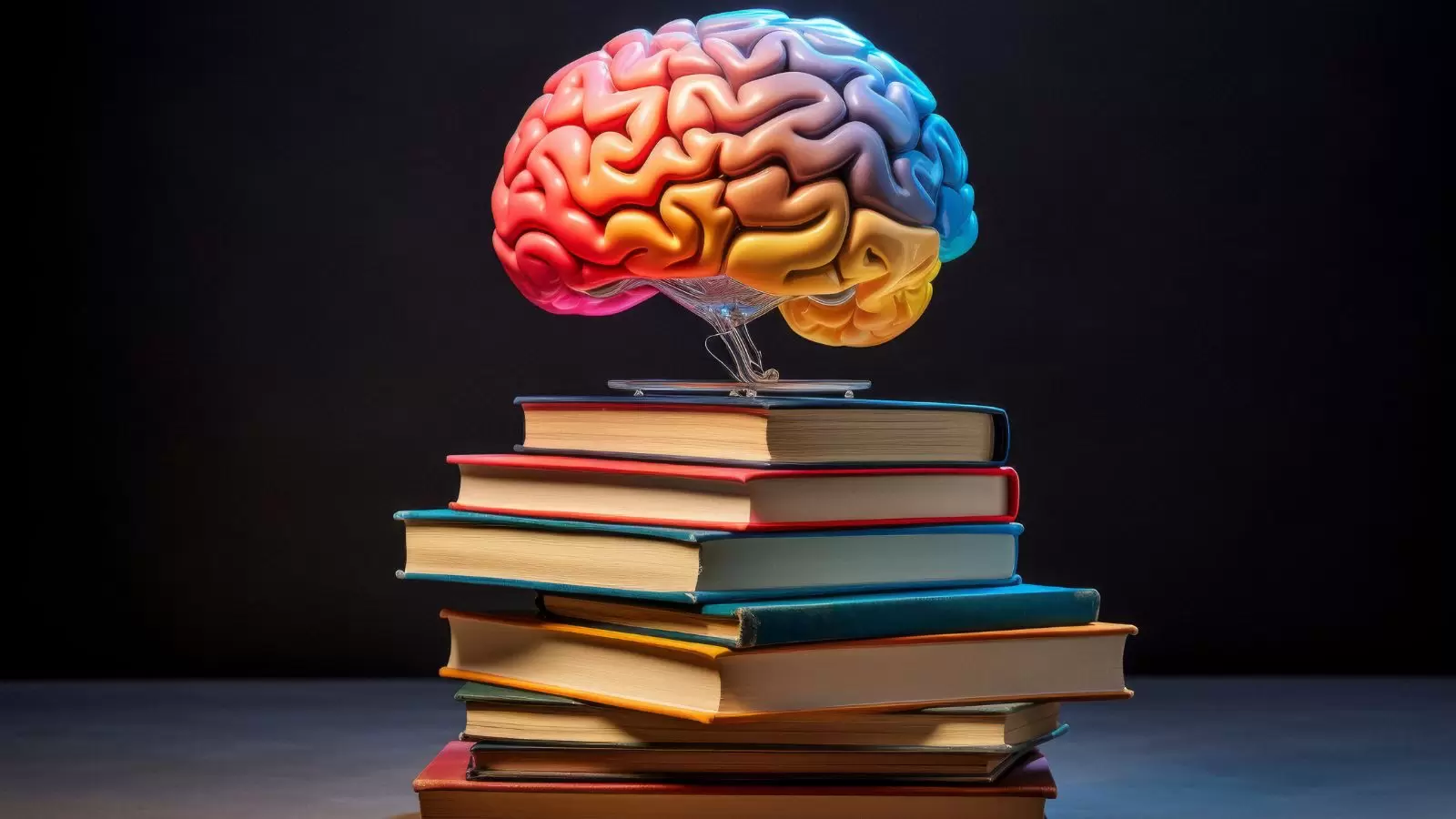 Cérebro colorido em cima de livros