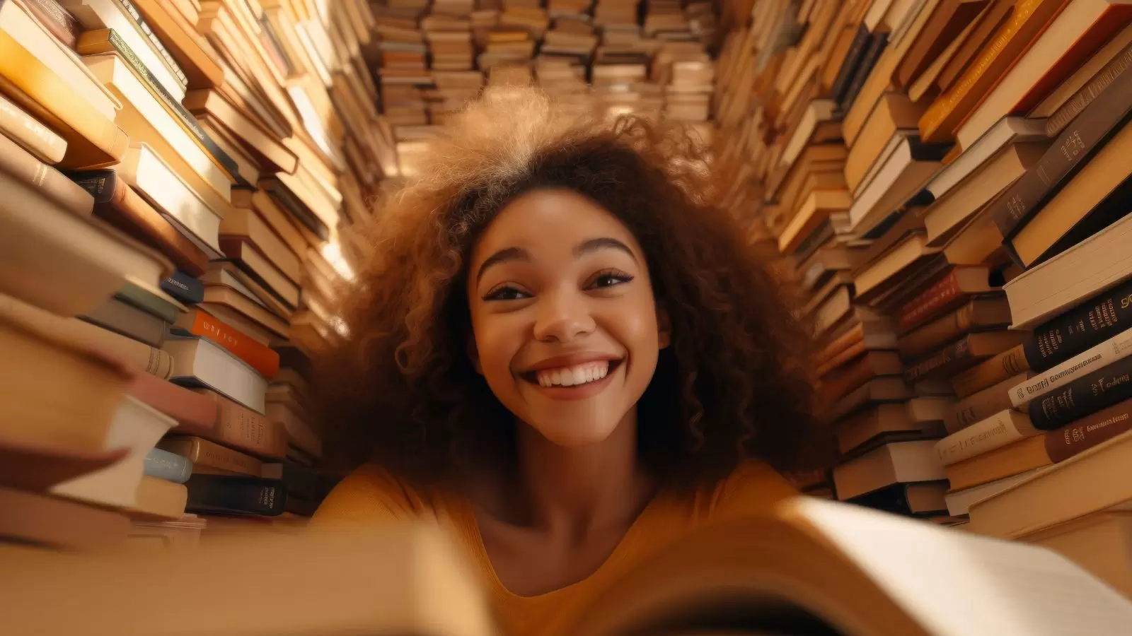 Jovem sorridente com livros ao seu redor