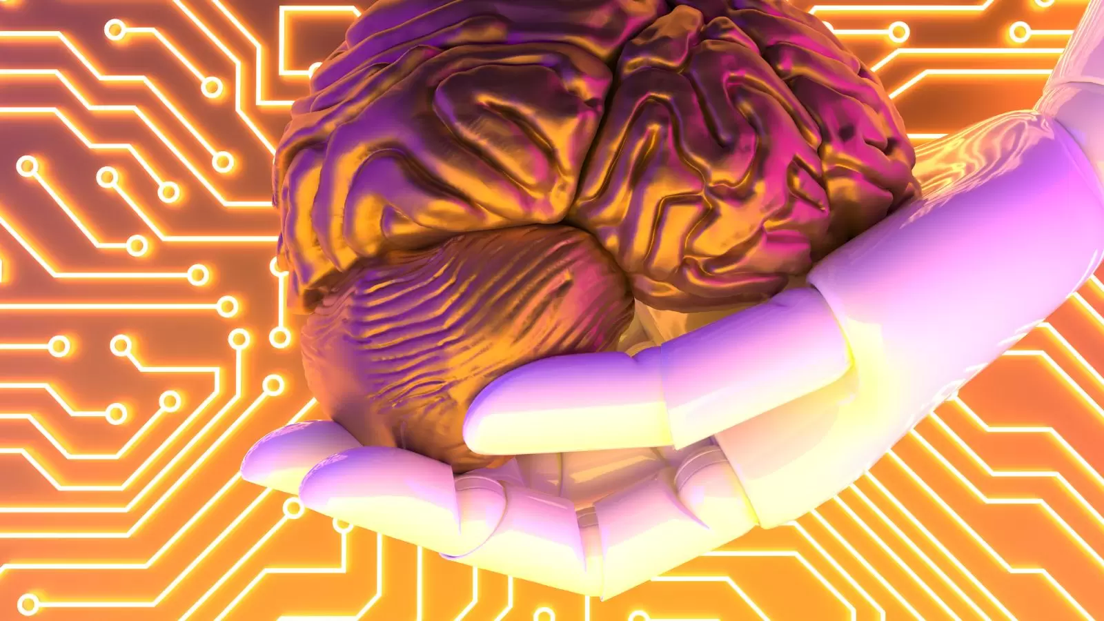 Mão de robô segurando cérebro em fundo laranja