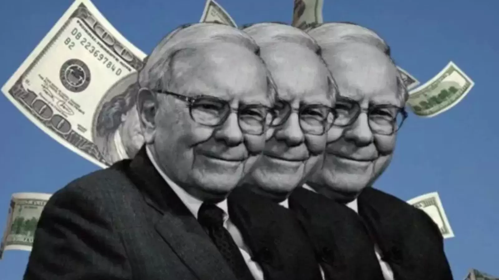 Warren Buffett em fundo azul e dólar em evidência