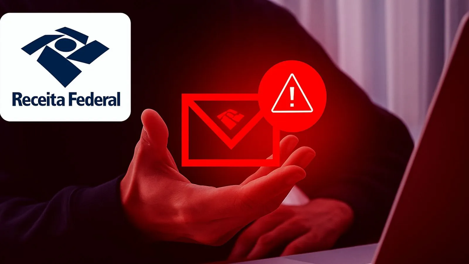 Símbolo de e-mail em vermelho e pessoa no notebook ao fundo