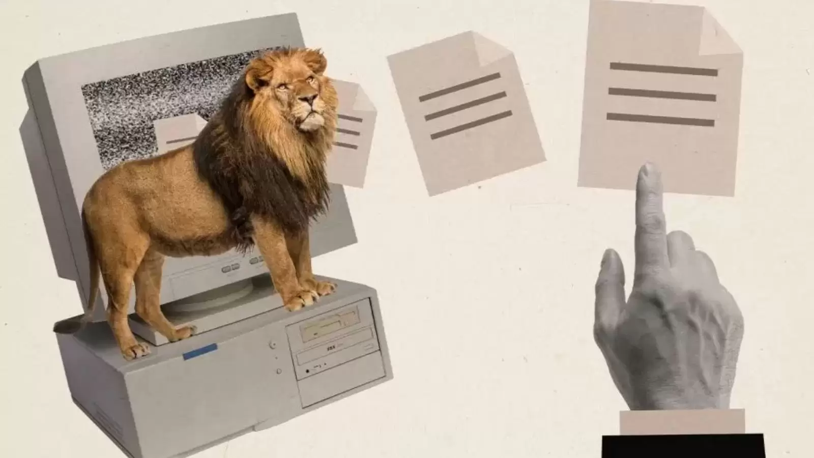 Leão saindo de computador e mão apontando para papel