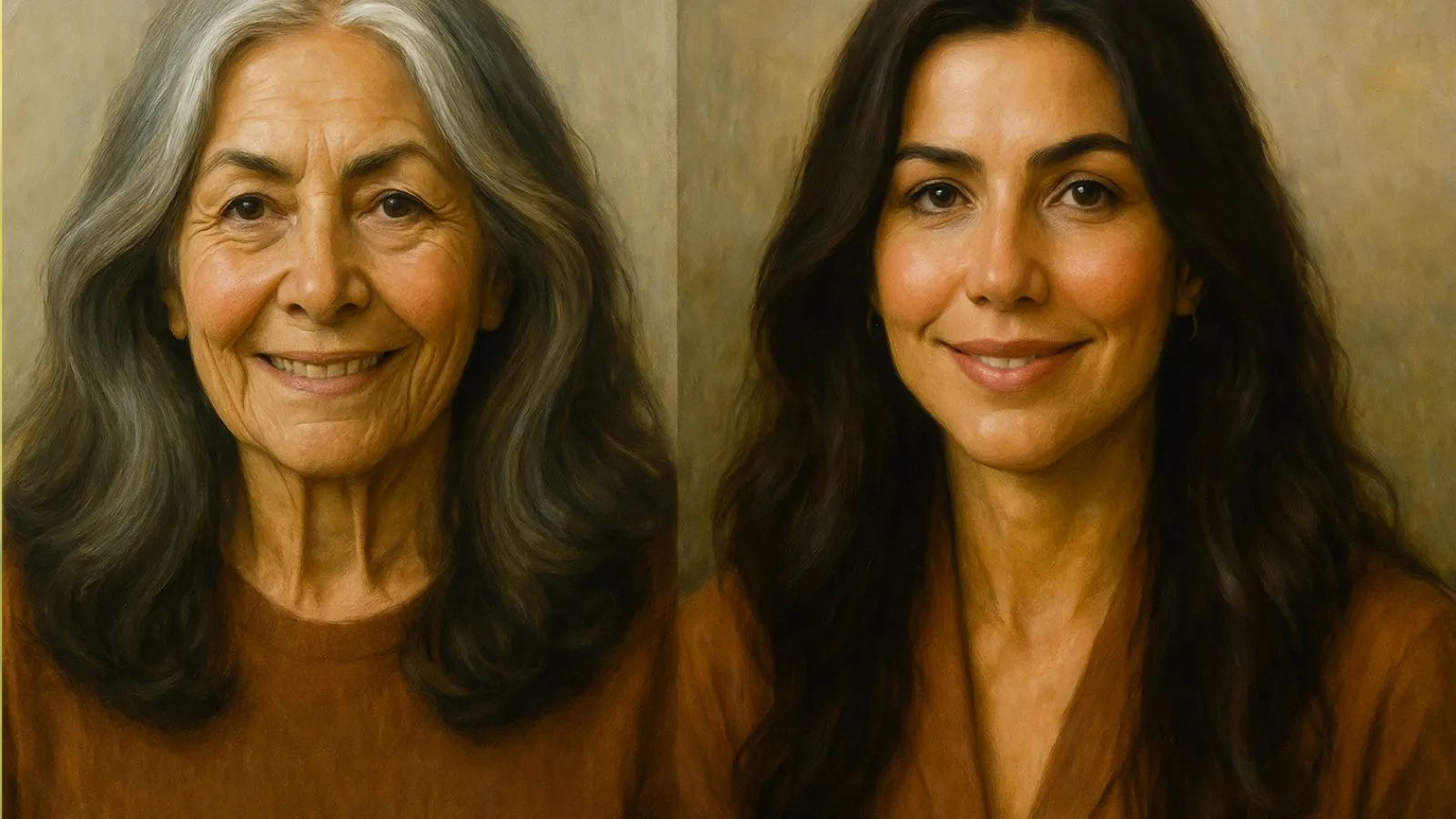 Mulher versão jovem e envelhecida